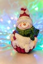 Vintage Christmas toy smiling snowman on a colored background wi Royalty Free Stock Photo