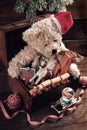 Vintage christmas toys for boys in old treasure chest Royalty Free Stock Photo