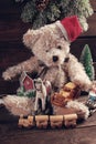 Vintage christmas toys for boys on wooden background Royalty Free Stock Photo