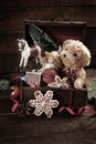 Vintage christmas toys in old treasure chest Royalty Free Stock Photo