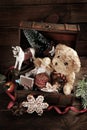 Vintage christmas toys in old treasure chest Royalty Free Stock Photo