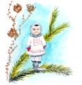 Vintage Christmas tree toy inuit man and larch cones, watercolor drawing on white background