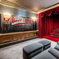 Vintage Cinema: A home theater styled like a classic cinema with red velvet curtains, vintage movie posters, and tiered seating