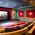 Vintage Cinema: A home theater styled like a classic cinema with red velvet curtains, vintage movie posters, and tiered seating