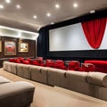 Vintage Cinema: A home theater styled like a classic cinema with red velvet curtains, vintage movie posters, and tiered seating