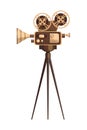 Vintage cinema projector on a tripod isolated on white background. Detailed retro movie projector in gold color. Cinema motion