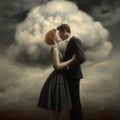 Vintage Cinematic Painting Of A Couple Hugging Under An Angry Cloud