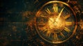 Vintage circular clock on an old-style abstract grunge background, with time-lapse photography style, golden hues, Royalty Free Stock Photo