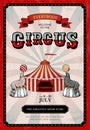 Vintage circus background. Carnival old frame. Show tent for magic amusement. Announcement retro banner. Seal tricks