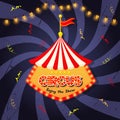 Vintage circus banner with bright bulbs, dome tent, highlights, gold stars and garland. Fun fair vector poster.