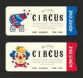 Vintage circus horizontal tickets set. Admit one coupon mention, barcode and text vector