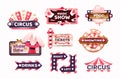 Vintage circus labels, sign boards and carnival signboards, arrows elements. Logotype template for carnival, event banner emblems