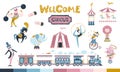 Vintage circus set. Vector illustration in pastel colors. Simple hand-drawn cartoon style. Cute characters of people and Royalty Free Stock Photo