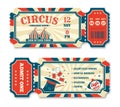 Vintage circus ticket template, old carnival entry tickets. Retro magic show invitation, fairground or amusement park