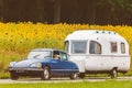 Vintage Citroen DS in front of a field with blooming sunflowers