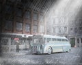 Vintage City Bus, Man, Rain