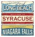 Vintage city mark. Vintage tin sign collection with US cities. Long Beach. Syracuse. Niagara Falls.