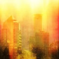 Vintage city skyline in red and yellow tones behind glass. Fire effect. Royalty Free Stock Photo