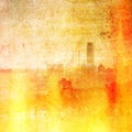 Vintage city skyline in red and yellow tones. Fire effect. Royalty Free Stock Photo