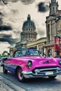 Vintage classic car in a street of Old Havana with Capitol in th