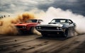 Vintage classic muscle sport cars participating in speed racing. Generative AI