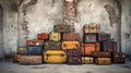 Vintage classic outdated trunks luggage with tags, old antique leather suitcases tower front concrete wall background. Generative Royalty Free Stock Photo