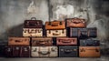 Vintage classic outdated trunks luggage with tags, old antique leather suitcases tower front concrete wall background. Generative Royalty Free Stock Photo