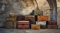 Vintage classic outdated trunks luggage with tags, old antique leather suitcases tower front concrete wall background. Generative Royalty Free Stock Photo