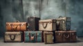 Vintage classic outdated trunks luggage with tags, old antique leather suitcases tower front concrete wall background. Generative Royalty Free Stock Photo