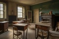 a vintage classroom with chalkboards and wooden desks, preparing for another day of learning