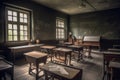 a vintage classroom with chalkboards and wooden desks, preparing for another day of learning