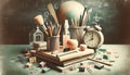 Vintage Classroom Essentials with Chalkboard Background, AI Generated