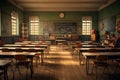 Vintage classroom interior with sunlight casting shadows Royalty Free Stock Photo