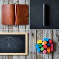 Vintage classroom tools displayed on a rustic wooden surface Royalty Free Stock Photo