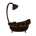 Vintage claw-foot bathtub with foam and bubbles, nice illustration of taking a shower black silhouette