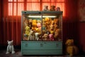 vintage claw machine with plush toys inside