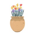 Vintage clay pot with Spring flowers. Tulips, hyacinths, muscari, daffodils. Doodle hand drawn vector illustration