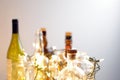 Vintage clear glass liquor bottles with Christmas lights