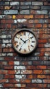 Clock mounted on a rustic brick wall showing the passage of time during daylight hours Royalty Free Stock Photo