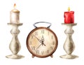 Vintage clock and candlesticks with burning candle. Watercolor illustration