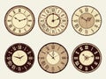 Vintage clock. Elegant antique metal watches vector illustrations