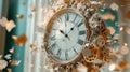 Vintage clock exploding with gears and fragments flying through the air