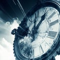 Vintage clock exploding with gears and fragments flying through the air