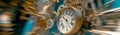 Vintage clock exploding with gears and fragments flying through the air
