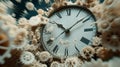 Vintage clock exploding with gears and fragments flying through the air