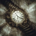 Vintage clock exploding with gears and fragments flying through the air