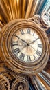 Vintage clock exploding with gears and fragments flying through the air