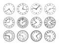 Vintage clock face. Antique classic round clocks with arabic and roman numerals, retro watch face with hour and minute Royalty Free Stock Photo