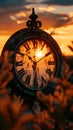 Vintage Clock Face Silhouetted Against a Sunset Sky Royalty Free Stock Photo