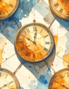Vintage Clock Faces Watercolor Pattern Royalty Free Stock Photo
